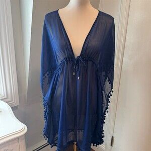 Bleu Rod | Beattie Cover Up | Size S | Navy Blue Sheer Caftan Pom Pom